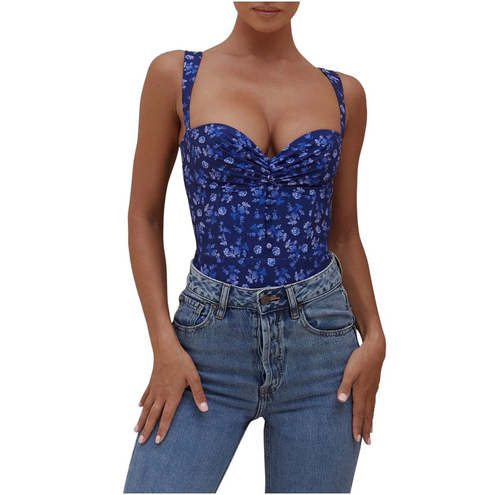 HOUSE OF CB Savia Sapphire Floral Corset Bodysuit Blue NWT L+